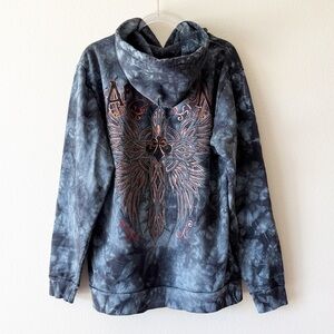 Affliction Y2K Tie Dye Hoodie Winged Graphic Cross Pullover Wash Goth Streetwear